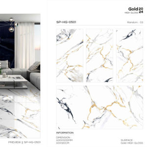 กระเบื้องพอร์ซเลนสีทองผิวมันเงาขนาด 60x120 ซม. 600x1200 มม. 24x48 นิ้ว สำหรับตกแต่งผนังและพื้นภายในบ้านอย่างหรูหรา - Product Image 1