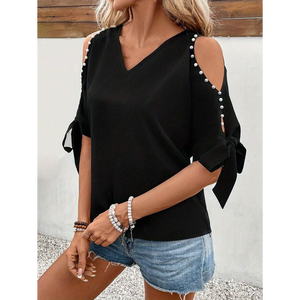 Blusa con hombros descubiertos, cuello en V y mangas con lazo, con adornos de perlas - Product Image 1