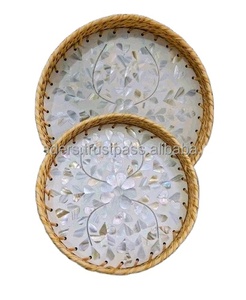 Juego de bandeja de ratán Redonda India asequible con Incrustaciones de nácar natural, perfecto para Ramadán Eid y colecciones de regalos especiales - Product Image 6