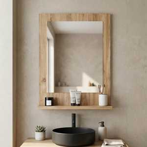 Modern <b>Rectangular</b> Solid Wood <b>Wall</b> <b>Mirror</b> with Shelf Light Oak Bathroom Vanity Storage <b>Mirror</b> Natural Grain Wooden Frame Artwork - Product Image 2
