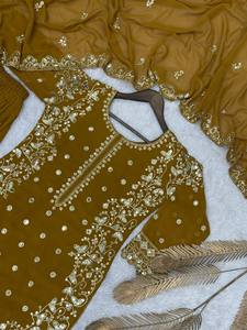 Laser Scalloped Cutwork Daman Floral Vine Threadwork Mustard Georgette Short Kameez Flared <b>Trouser</b> Border Dupatta Ensemble - Product Image 5