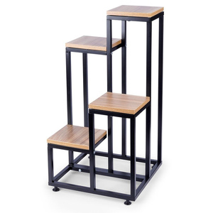 Support à fleurs moderne en métal avec plateau en bois, design carré, présentoir pour plantes d'intérieur, style minimaliste, finition thermolaquée - Product Image 4