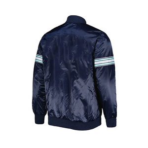 Men Navy Blue Satin Bomber <b>Jacket</b> With <b>Light</b> Blue Sleeve Stripes Casual Regular Fit - Product Image 3