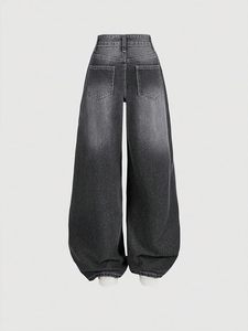 Jean en denim long pour femme, noir, doux, 100 % coton, écologique, décontracté, avec ceinture, coupe large, style vintage, automne - Product Image 6