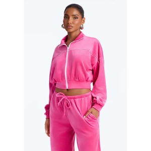 Conjunto de Sudadera Corta Rosa con Cierre y Pantalones con Cordón para Mujer, Ropa de Otoño, Manga Larga, Color Sólido, Cuello Camisero - Product Image 1