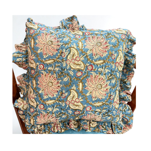 Housse de coussin carrée à volants imprimée à la main de Jaipur, 100 % coton, style bohème, écologique, durable, avec fermeture éclair - Product Image 1