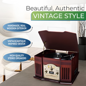All-in-One Vintage Turntable, 3-Speed Record Player, <b>Bluetooth</b>, CD & Cassette Player, AM/FM Radio, USB Recording - Product Image 3