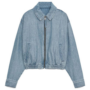 Chaqueta Bomber Vaquera Azul Claro Vintage Personalizada con Cremallera para Mujer y Hombre, Estilo Oversize Streetwear, Chaqueta Casual de Jean con Cintura Elástica - Product Image 1