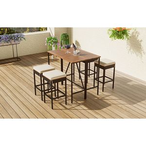 5-Piece Acacia Wood Bar Height Dining <b>Table</b> with Four Stools Cushions Outdoor <b>Garden</b> PE Rattan Wicker <b>Foldable</b> Furniture Set - Product Image 3