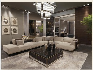 Moderno y Lujoso Conjunto de Sofá Seccional en Forma de L con Mesa de Centro de Mármol |   Muebles de Interior Contemporáneos para Sala de Estar - Product Image 2