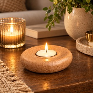 Support rond en bois naturel pour bougies chauffe-plat |   Bol votif artisanal pour la décoration intérieure, accent festif et de table - Product Image 2