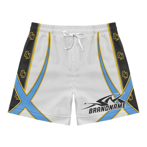 Shorts de sport pour homme en mesh athlétique 180 GSM, tissu polyester premium, empiècements contrastés, shorts de basketball, logo personnalisé en chenille. - Product Image 5