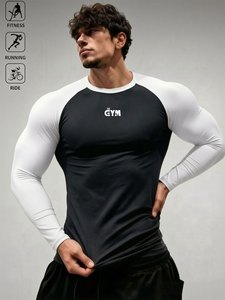 Camiseta Deportiva de Compresión para Hombre, Manga Raglán, Negra y Blanca, Secado Rápido, Corte Ajustado, Cuello Redondo, Manga Larga, para Entrenamiento - Product Image 1