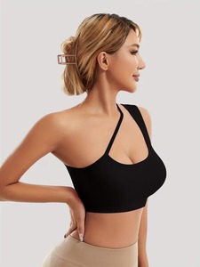 Women One Shoulder Sports Bra Asymmetric Diagonal Strap Ribbed Yoga Crop Top Cutout Fitness Gym Tank Removable <b>Padding</b> - Product Image 4