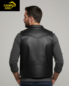 Gilet moto en cuir pour homme Champ King, col montant, couleur unie, style motard, veste d'extérieur, style automne - Product Image 5