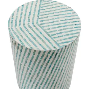 Handmade Mosaic Drum Side Table <b>Stools</b> Mother of Pearl Blue Diagonal Stripe Inlaid Coffee <b>Stool</b> Living Room Furniture Decor - Product Image 2