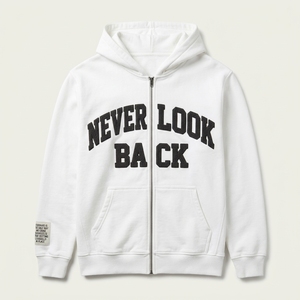 Plus Size <b>White</b> Zip <b>Hoodie</b> Custom Trendy Never Look Back DTG Graphic Print Unisex High Street 100% Cotton Private Label Apparel - Product Image 1