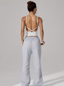 Women's Seamless Ribbed Sports Bra | Low-Back Criss-<b>Cross</b> Workout Tank <b>Top</b> | Spandex/Polyester White Gym Cami Removable Front - Product Image 6