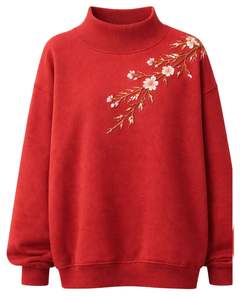 Sudadera de cuello alto para mujer, color rojo cereza, con bordado floral, manga larga, informal, de invierno, suave mezcla de algodón, venta al por mayor para damas - Product Image 1