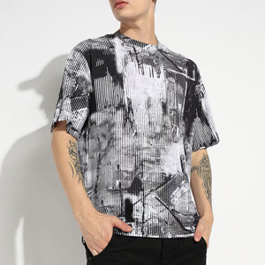 T-shirt à manches courtes pour homme, col rond, imprimé numérique, style streetwear, coupe classique, respirant, en coton tissé - Product Image 1