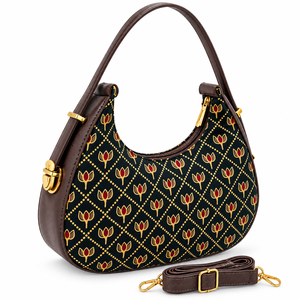 Bolso Hobo Vintage para Mujer, Cuero PU Negro, Estampado Floral, Cierre de Cremallera, Correa de Hombro Ajustable, para Todas las Temporadas - Product Image 1