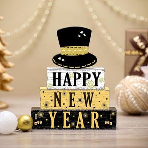 4 Piezas de Decoración de Madera para Bandeja de Niveles, Feliz Año Nuevo 2026, Decoración de Mesa Negra y Dorada, Decoración para Mesa de Fiesta de Nochevieja, Vajilla para Fiesta, Adornos de Mesa - Product Image 1