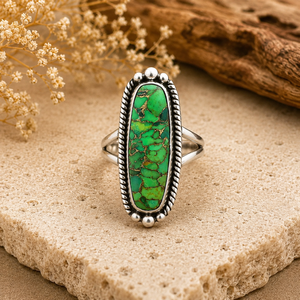 Bague en argent turquoise cuivrée verte, bijoux faits à la main avec pierres précieuses, style bohème du Sud-Ouest, bague statement pour femme, cadeau - Product Image 5