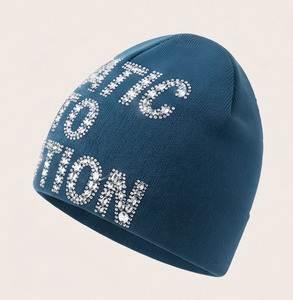 Rhinestone <b>Beanie</b> Hat Unisex Blue Acrylic Winter Cap Casual Knitted Style 56-58CM Custom <b>Fleece</b> Cap Cuffed <b>Beanie</b> <b>Fleece</b> Hat - Product Image 3