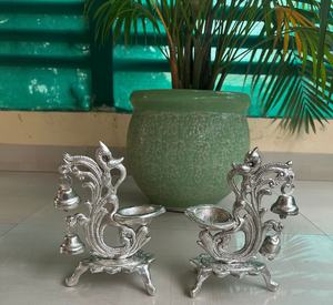 German <b>Silver</b> Antique Designer Diya With Bells Design for Wedding Favour Return Gift Decorative Diya Housewarming Diwali Gift - Product Image 2
