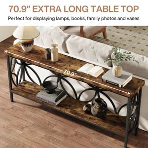 Table console à 2 niveaux en bois d'acacia massif naturel de luxe avec cadre métallique circulaire décoratif pour entrée et salon - Product Image 5