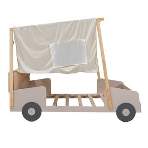 Full-Size Wooden Car Bed with LED Natural Ceiling Cloth and Pillow - Product Image 1
