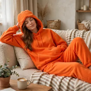Sudadera con capucha oversize de felpa suave naranja brillante para mujer, con bolsillo canguro y cordón, estilo casual para estar en casa o de calle - Product Image 4