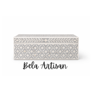Bela Artisan Handmade Wood Bone Inlay Rectangular Decorative Storage <b>Box</b> Grey White Geometric Pattern Jewelry <b>Keepsake</b> <b>Box</b> - Product Image 2