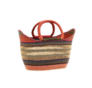 Unique BoHo Style Seagrass <b>Handbags</b> <b>Red</b> Leather Handle Open Weave Striped Woven Straw Tote Bag Casual Women OEM - Product Image 1