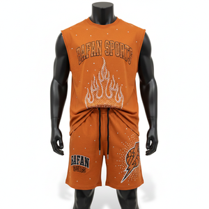 Ensemble short et t-shirt sans manches pour homme, coton doux et polyester, imprimé sport orange, logo personnalisé - Product Image 5