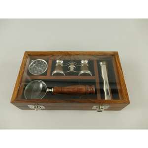Boîte cadeau nautique décorative artisanale avec sablier blanc, télescope, boussole, loupe et boîte en bois transparente - Product Image 6
