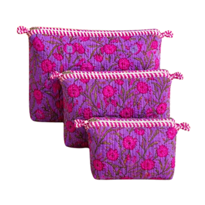 Bohemian Purple Pink Floral Cosmetic Bags Set Zip Closure Multi Function Cotton Fabric <b>Storage</b> Pouches Durable Soft Eco Friendly - Product Image 1