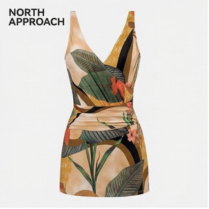 NORTH APPROACH Women's Deep V Neck Plant Print Swimdress With Twist Ruched Design Stretch Fabric One Piece <b>Bikini</b> Dress - Product Image 1