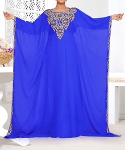 Abaya Azul Rey Bordada hasta el Tobillo, Estilo Oriente Medio, Ligera, de Poliéster, Cuello Alto, Manga Larga, para Mujer - Product Image 1