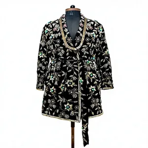 Vintage <b>Black</b> Velvet Embroidered Wrap Coat Floral <b>Shawl</b> Collar Three Quarter Sleeve Knee-Length Adult Winter Wear - Product Image 1