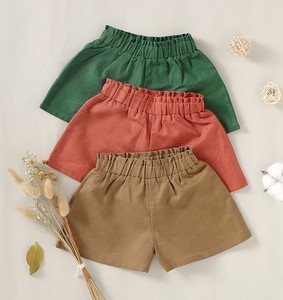 Pantalones Cortos Casuales para Niños Pequeños, 100% Algodón, Colores Sólidos, Cintura Elástica con Volantes, Cierre de Cremallera, Secado Rápido - Product Image 1