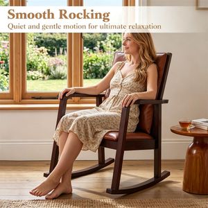 Sedia a dondolo in legno massello, poltrona ergonomica resistente con schienale a gradino traspirante per il relax interno, colore marrone - Product Image 5