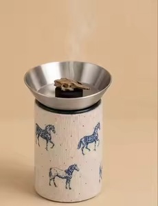 New Style Galloping Horse Print Incense Burner <b>Cream</b> Fabric <b>Wrapped</b> Cylinder Stainless Steel Cone Top Bakhoor Burner - Product Image 1