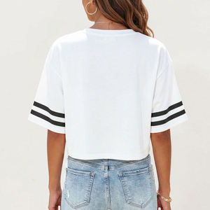 Varsity Stripe Women's Crop <b>Top</b> Athletic Cropped T-Shirt Wholesale Drop Shoulder Football Baseball Tee Spandex/Polyester - Product Image 4