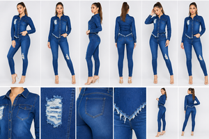 Ensemble chemise en jean et jean skinny pour femme Tarkan Sports |   Tenue en jean déchiré à manches longues et boutonnée |   Mode décontractée : Deux pièces - Product Image 3