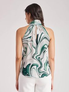 Top Casual para Mujer, Diseño sin Mangas con Cuello Halter, Detalle de Lazo y Estampado Floral, Tela Satén Suave para Ocasiones Festivas - Product Image 2