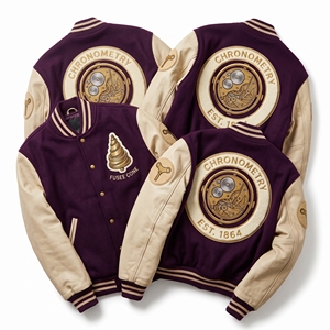 Veste universitaire personnalisée OEM en laine avec manches en cuir, broderie Horloge de la Tour d'Horloger, patch Engrenage Conique, manteau vert - Product Image 3