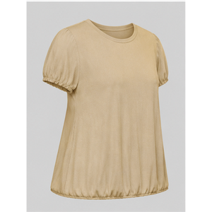 Camiseta de Mujer, Cuello Redondo, Manga Corta Abullonada, Corte Holgado, Color Beige Dorado, WTS-0154 - Product Image 4