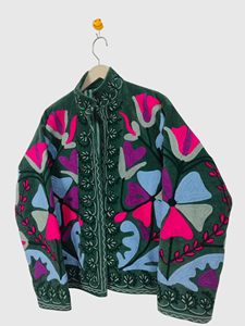 Veste en velours brodée à la main à col mandarin, manches longues, grande taille, style ample, manteau polaire pour femme, collection automne - Product Image 3