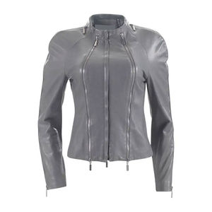 Chaqueta de Moto de Cuero PU para Mujer, Manga Larga, Cuello Alto, Cierre de Cremallera, Color Sólido, Estilo Otoñal, Largo Regular - Product Image 1